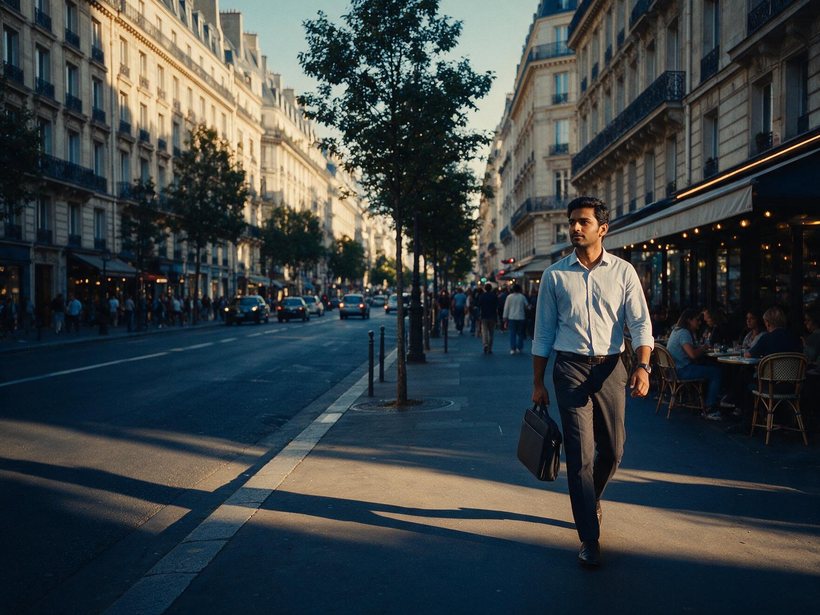 Indian professional walking on a Parisian boulevard