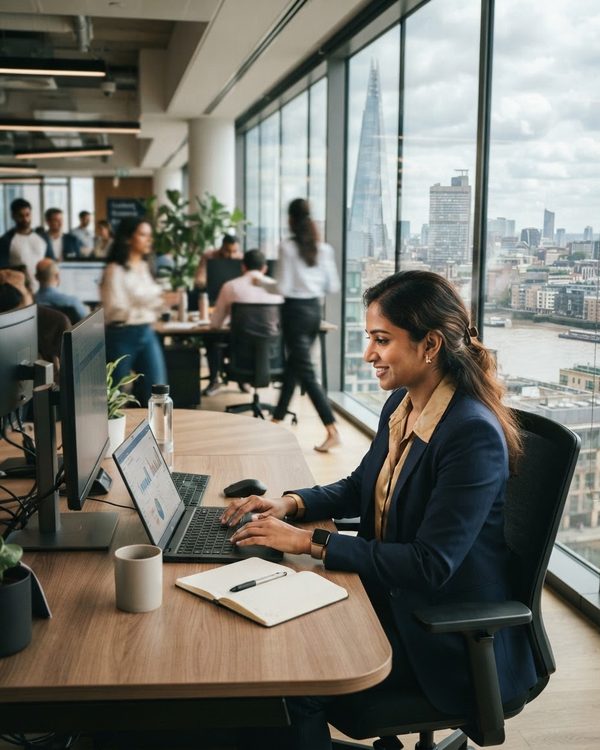 South Indian professional working in a UK office